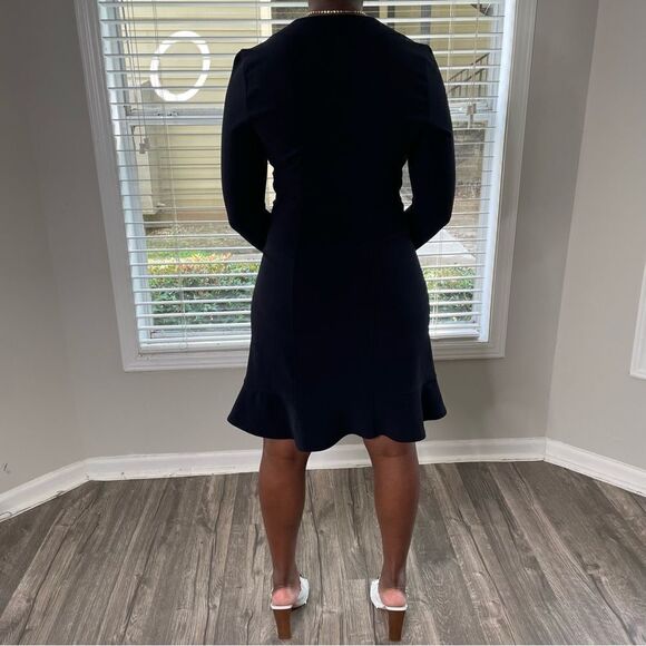 Boston Proper Knee Length Fluted Flare Fishtail Long sleeved V Neck Dress LBD - Picture 6 of 14